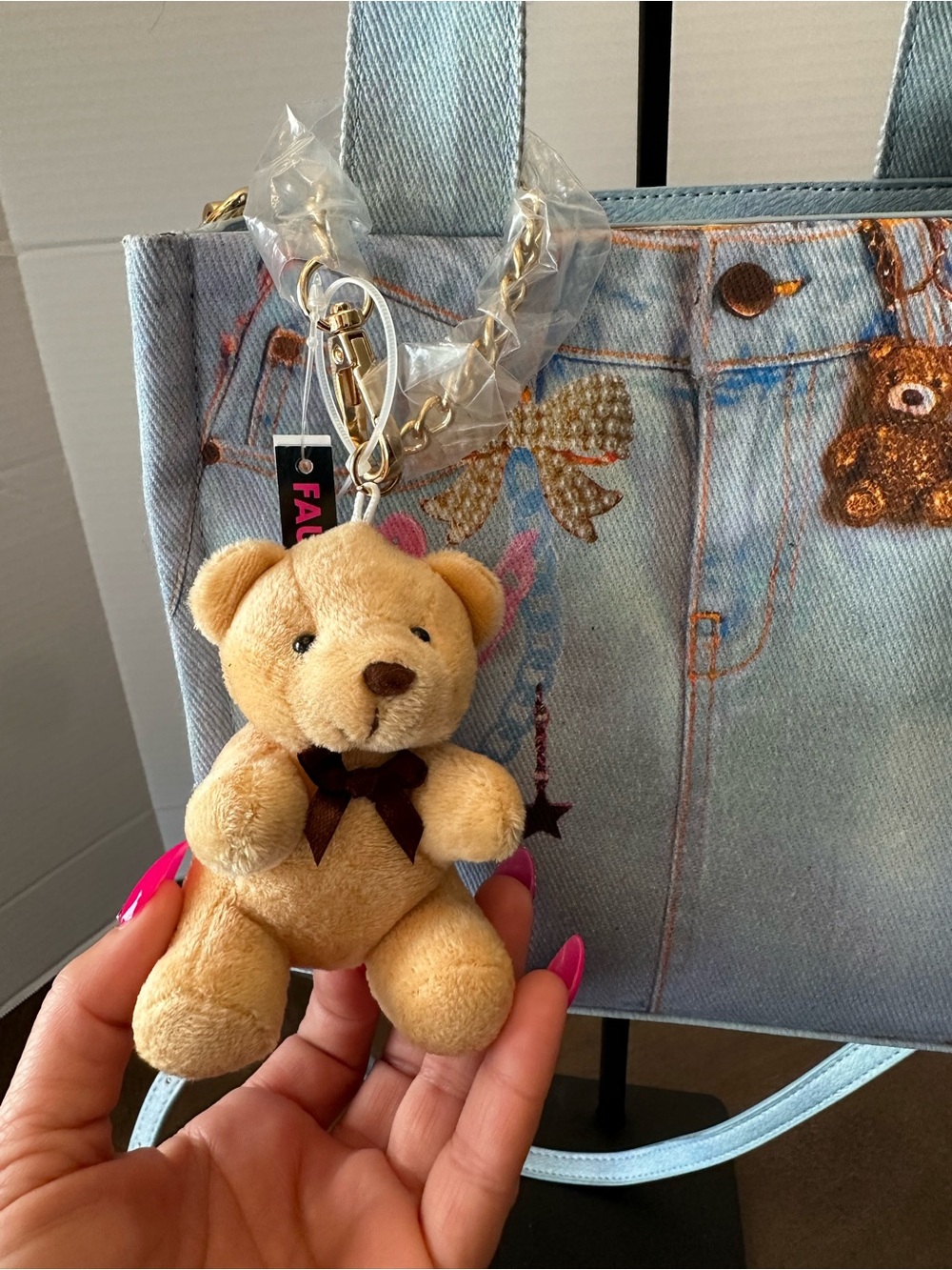 Betsey Johnson Light Blue Denim Tote with Teddy Charm w/ removable strap - Picture 3 of 16